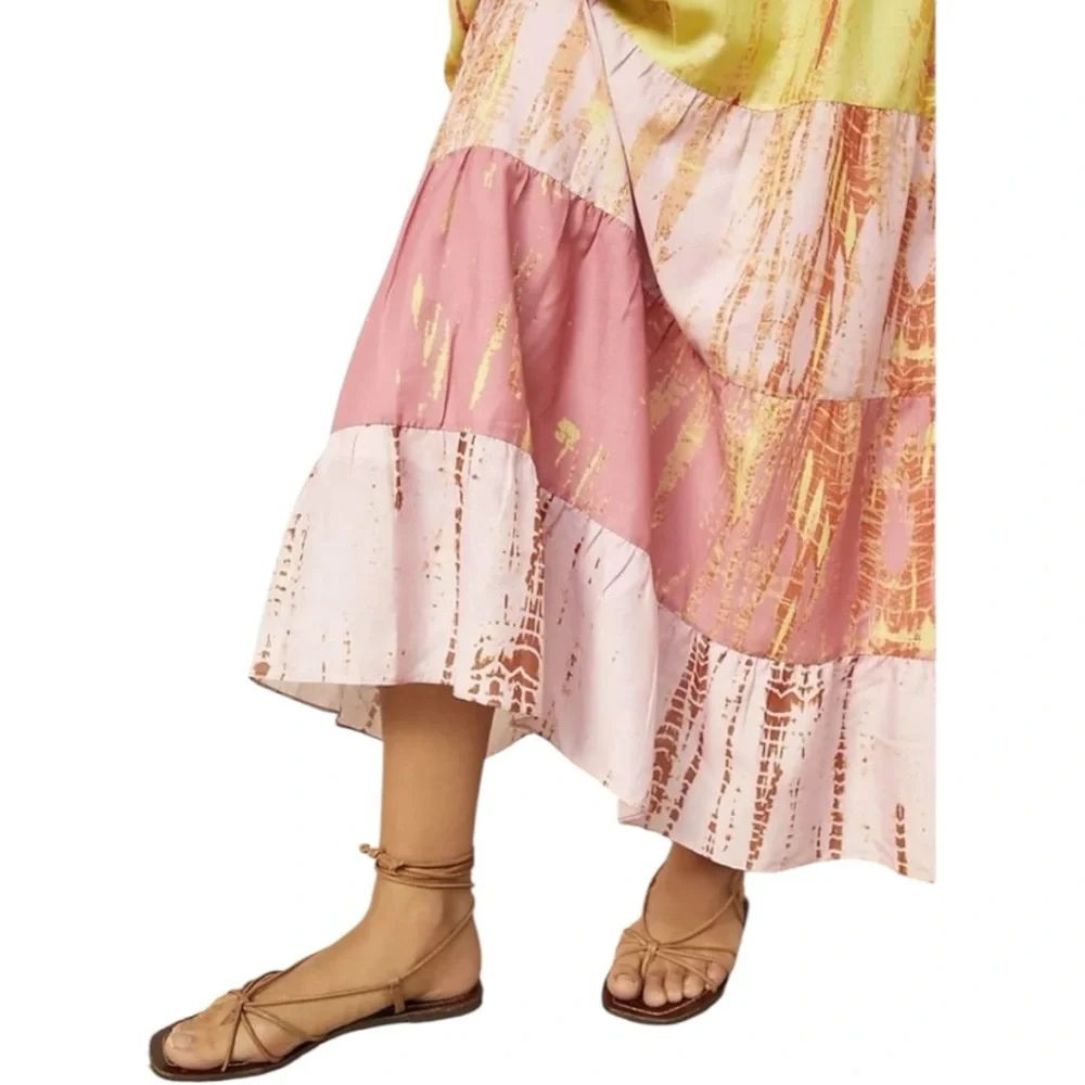 Anthropologie Maxi Tiered Skirt in Pink and Yellow